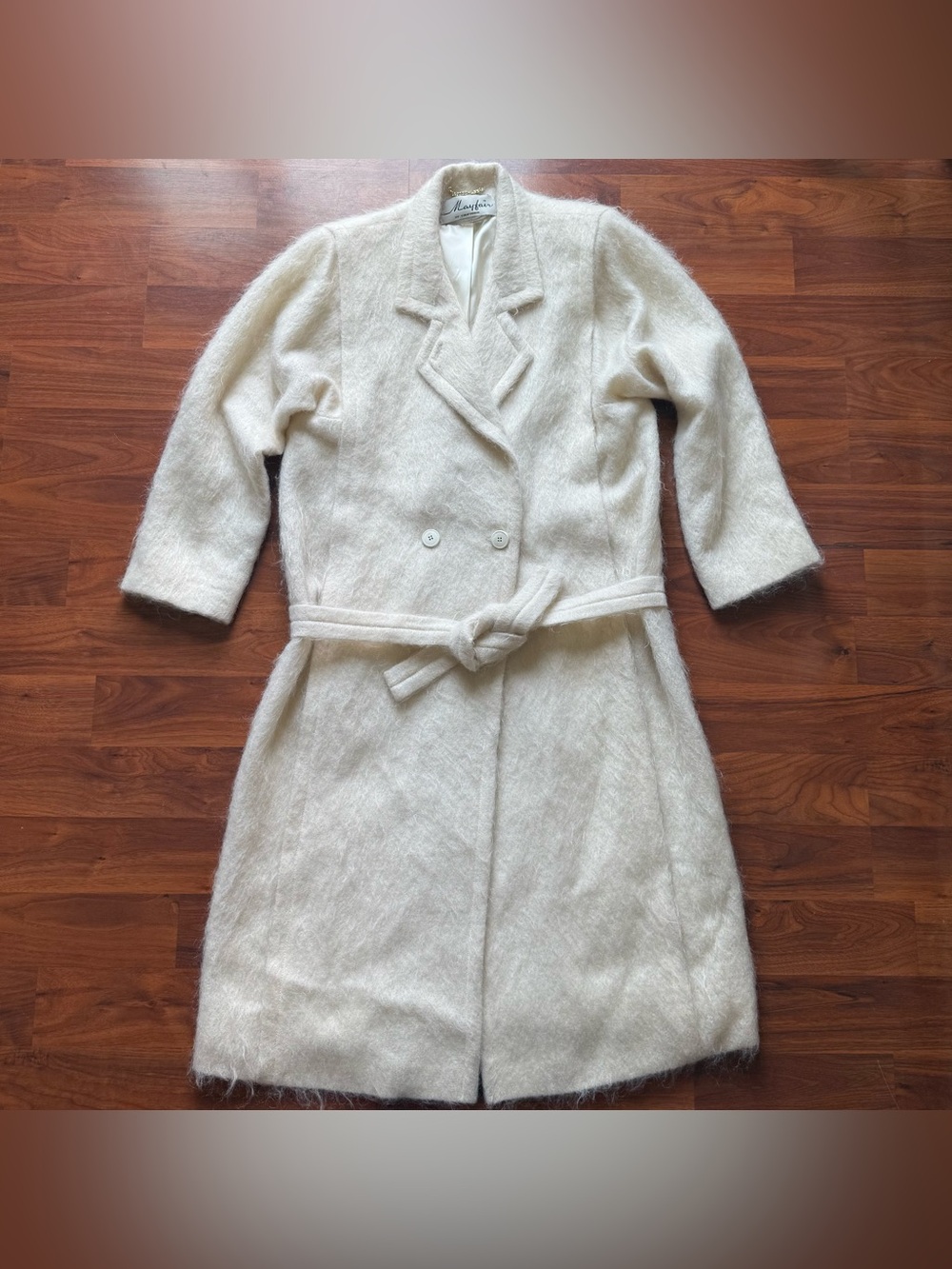 Vintage 70s Mayfair Of California White Mohair Long Coat Large Union Made Jacket